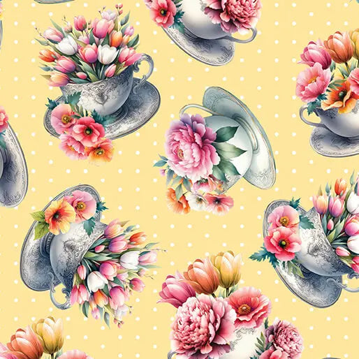 Garden Tea Cups Yellow Benartex