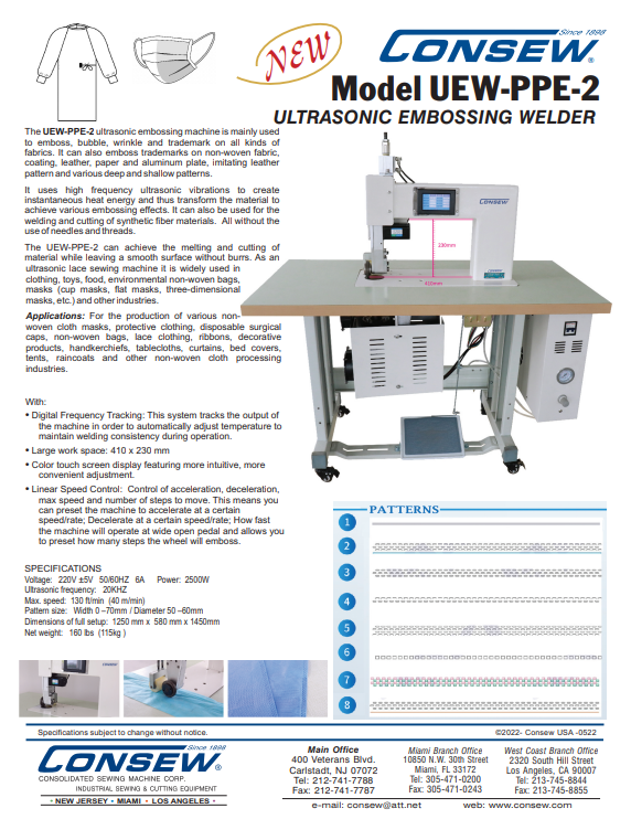 Consew UEW-PPE Ultrasonic Embossing Machine for Personal Protection Equipment