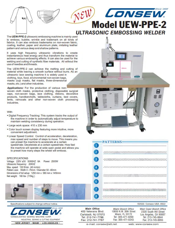 Consew UEW-PPE Ultrasonic Embossing Machine for Personal Protection Equipment Consew