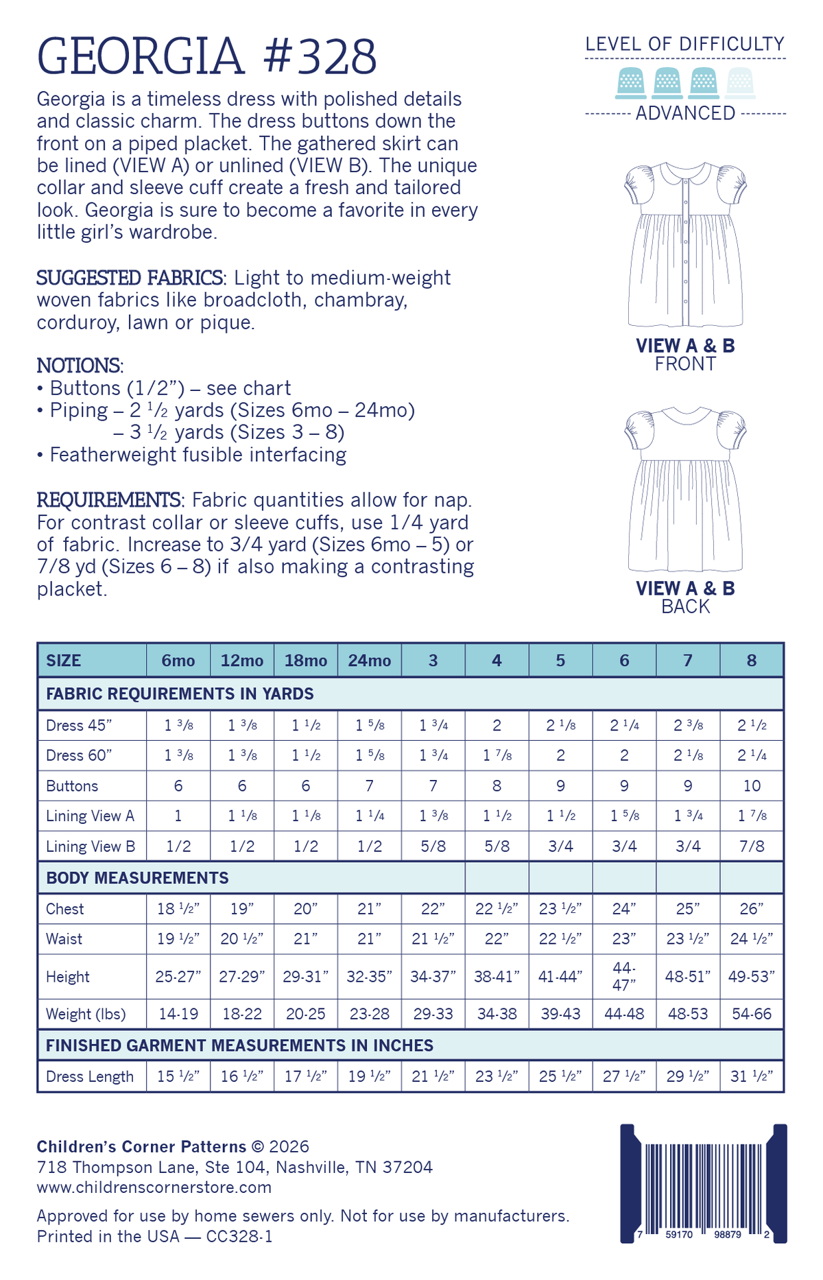 Children's Corner georgia pattern back: sizing, fabric requirements and notions