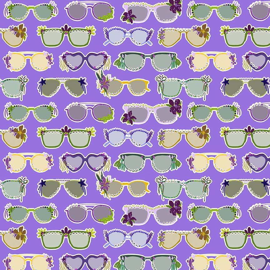 Dear Stella Sunglasses cotton fabric, Violet, DCWR3793, Mardi Gras Style by Caitlin Wallace-Rowland