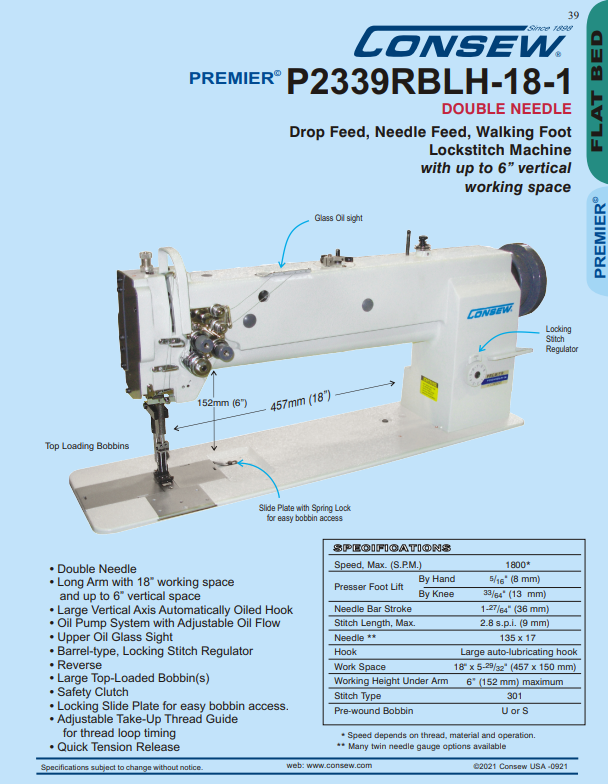 Consew Premier P2339RBLH‑18 Double‑Needle Walking‑Foot Industrial Lockstitch — Complete Set w/ Servo Motor & Table