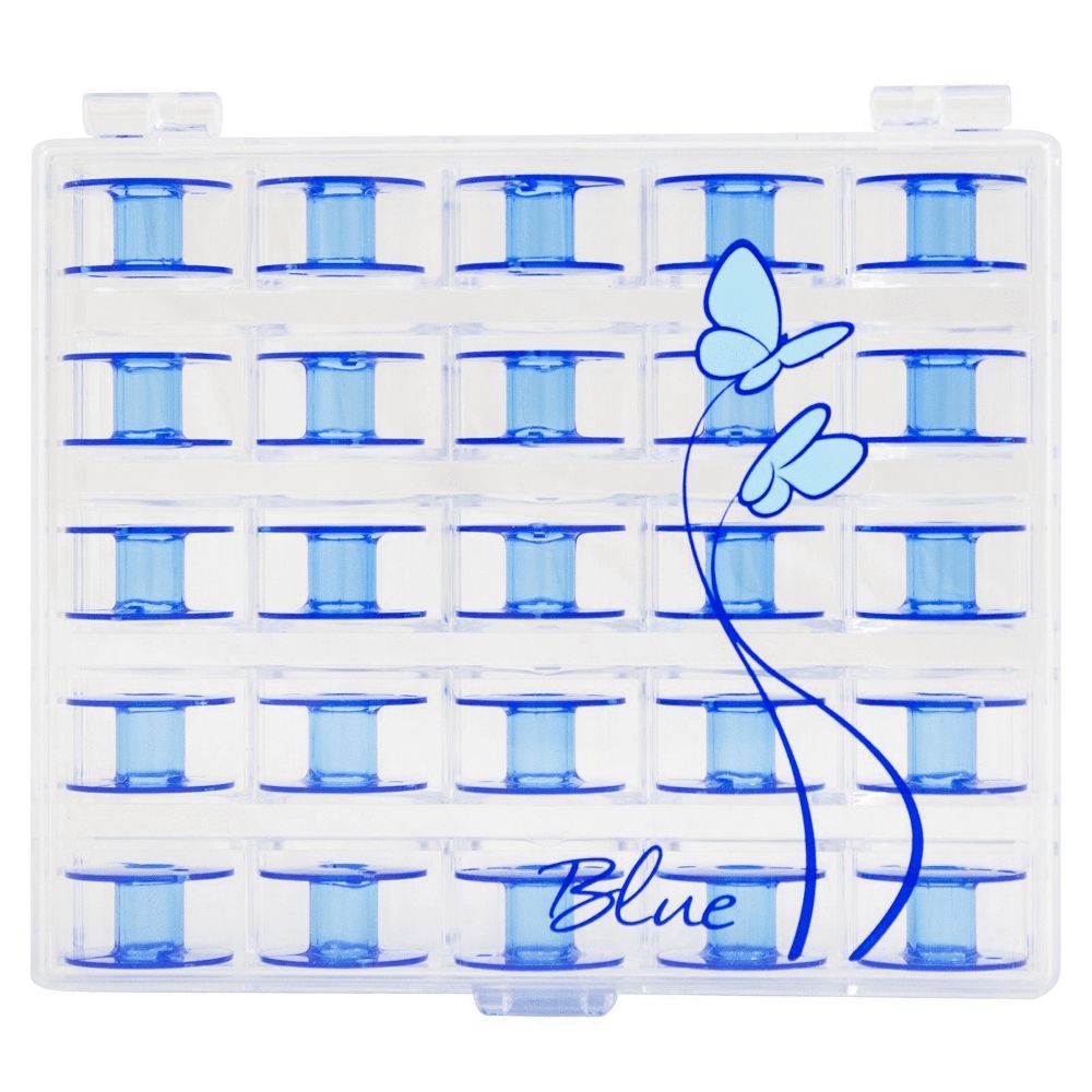 Janome 25 Pack Blue Butterfly Bobbins and Case Class 15 / Style J 200277084