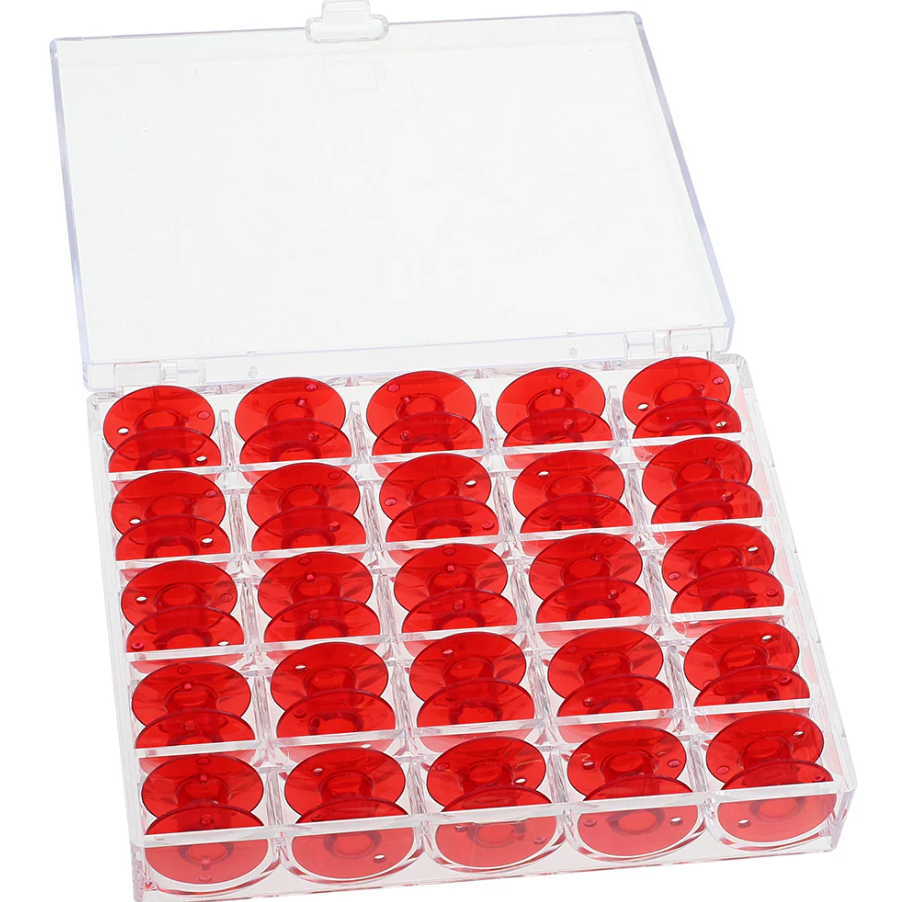 Janome 25 Pack Red Bobbins and Case Class 15 / Style J 200277501