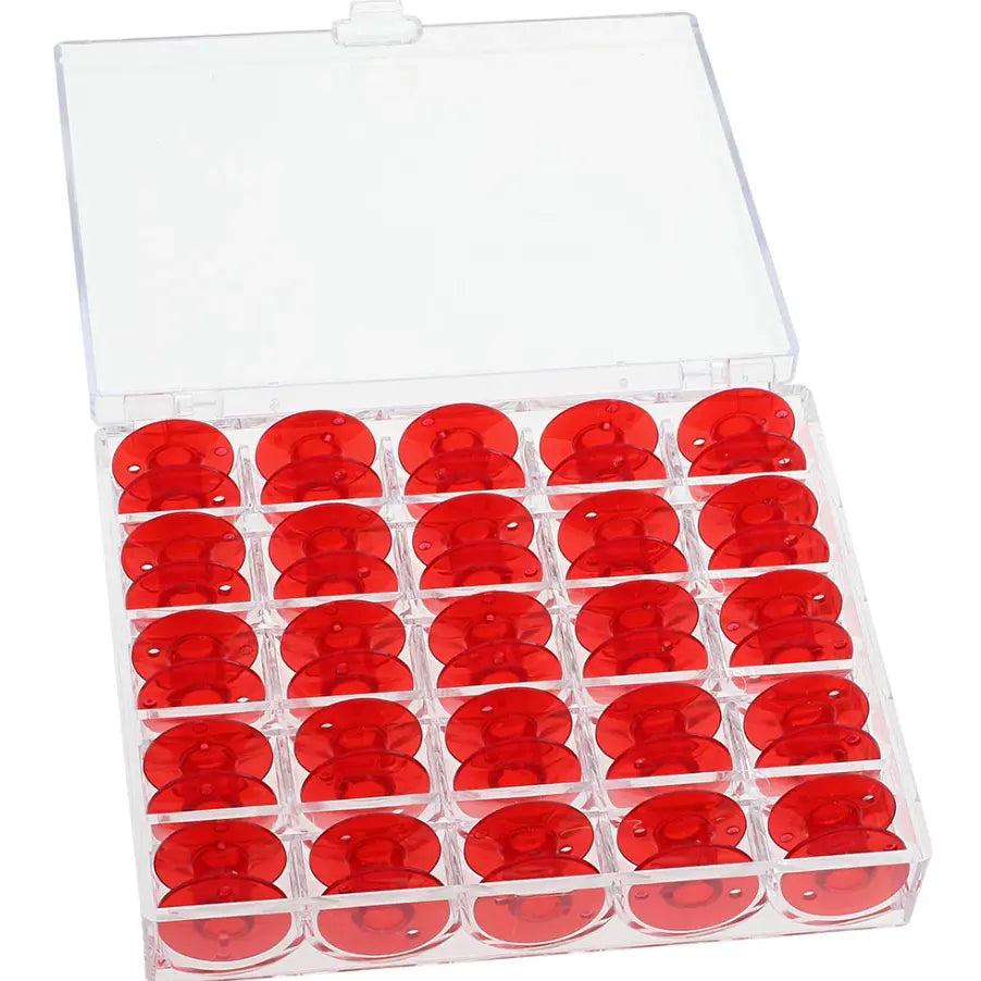 Janome 25 Pack Red Bobbins and Case Class 15 / Style J 200277501 Janome