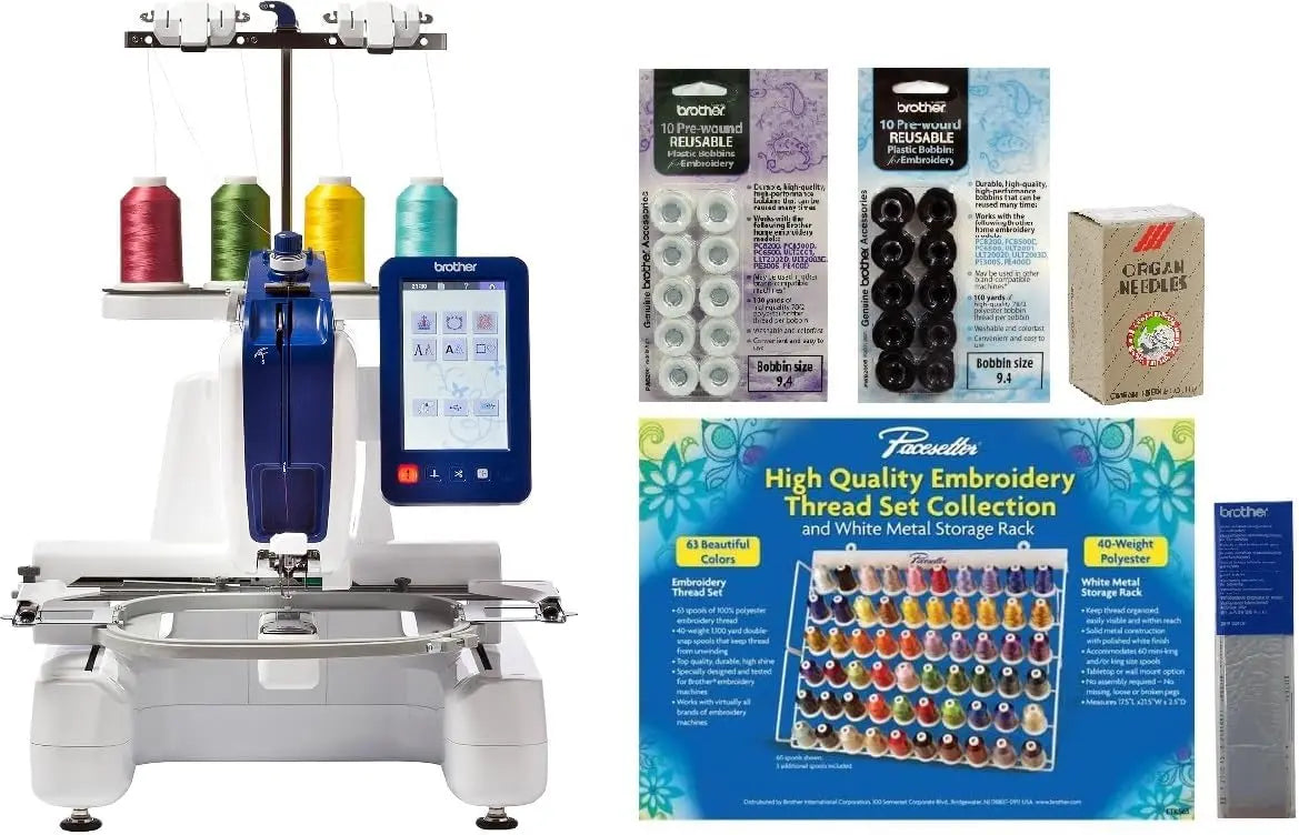Brother Persona PRS100 Single Needle Embroidery Machine, 6-Piece Thread Set, 20 Bobbins, 100-Piece 75/11 Embroidery Needles, Stabilizer Roll