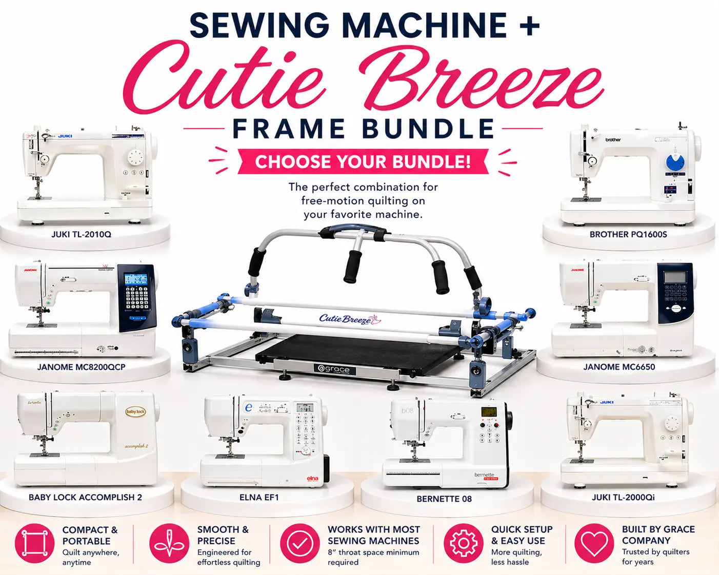 Sewing machine and Cutie Breeze quilting frame bundle with compatible machines