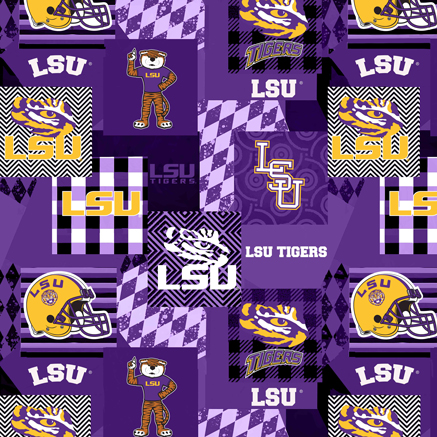 LSU Tigers geometric patchwork fabric in purple and gold with logos, tiger mascots and football helmets