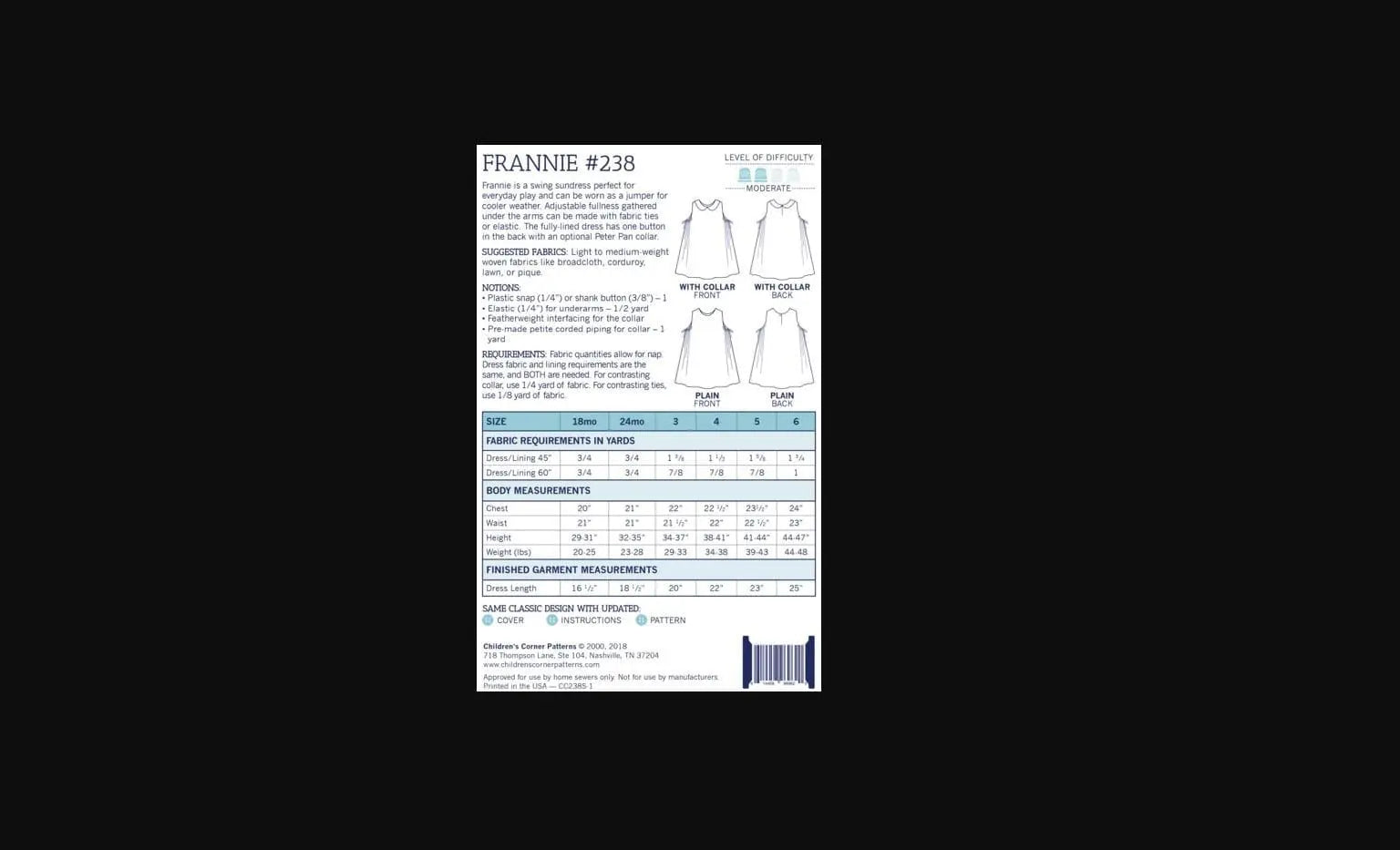 Children's Corner Patterns Children's Corner CC238 Frannie Sleeveless Lined Dress Pattern Size 1-4
