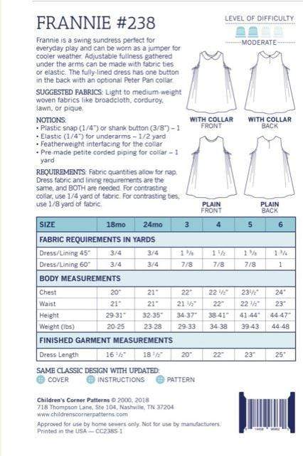 Children's Corner Patterns Children's Corner CC238 Frannie Sleeveless Lined Dress Pattern Size 18mo-6yr