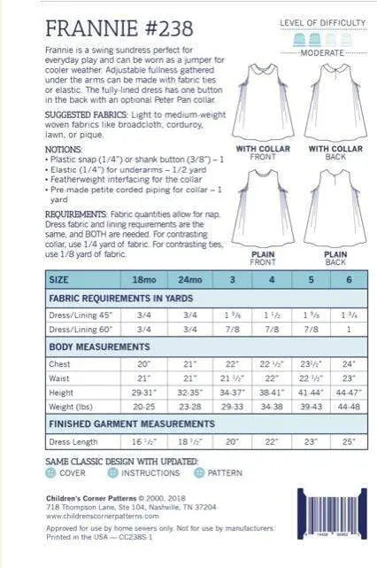 Children's Corner Patterns Children's Corner CC238 Frannie Sleeveless Lined Dress Pattern Size 18mo-6yr
