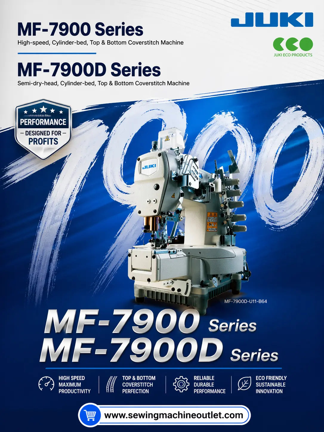 Juki MF-7923 (New Replacement To MF-7823) 3-needle, High-speed, Cylinder-bed, Top and Bottom Coverstitch Machine Juki Industrial