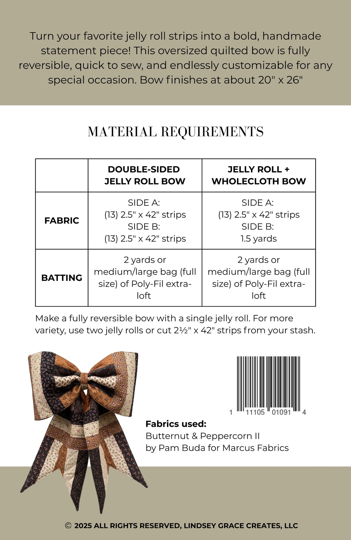 Big Giant Quilted Jelly Roll Bow pattern back cover and fabric requirements