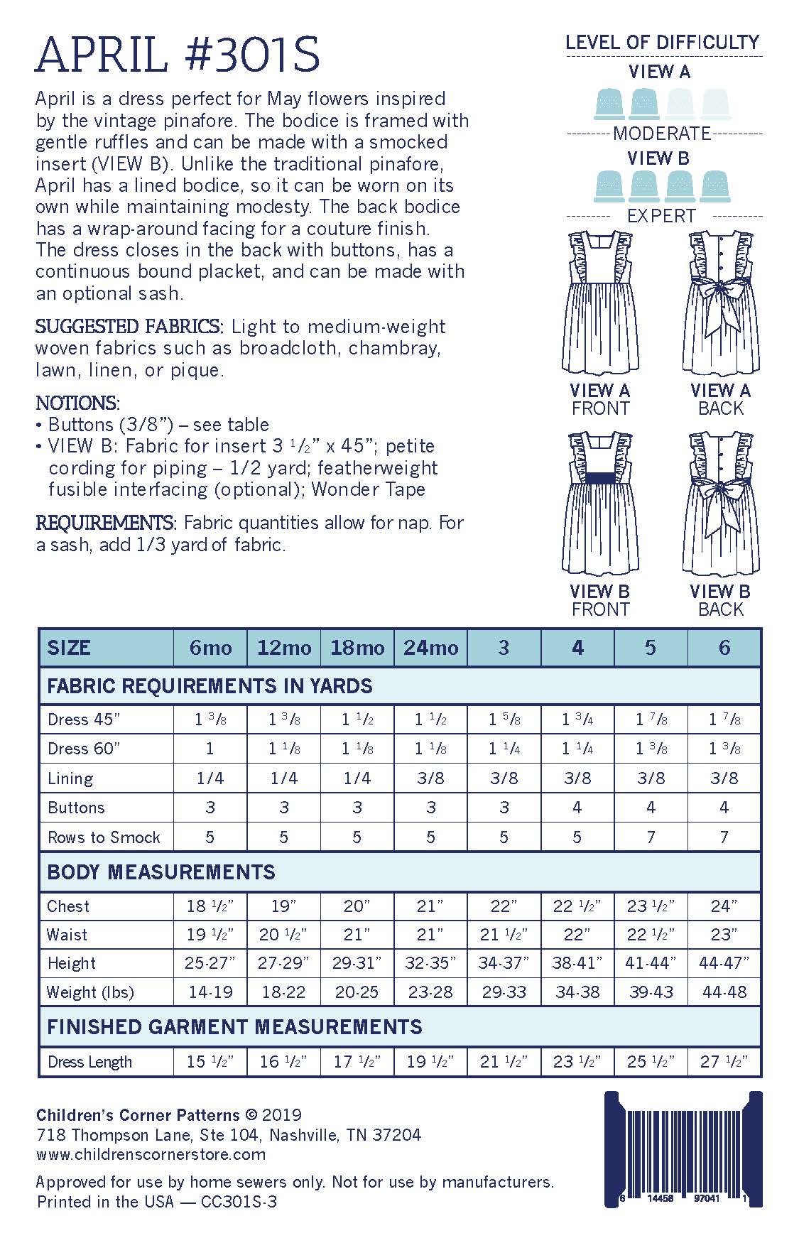 Children's Corner april pattern back, size chart and fabric requirements
