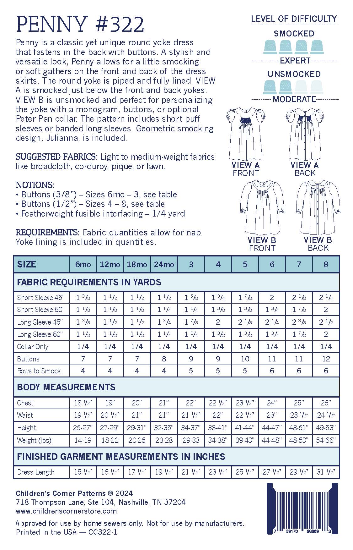 Children's Corner penny pattern back: sizing, fabric requirements and notions