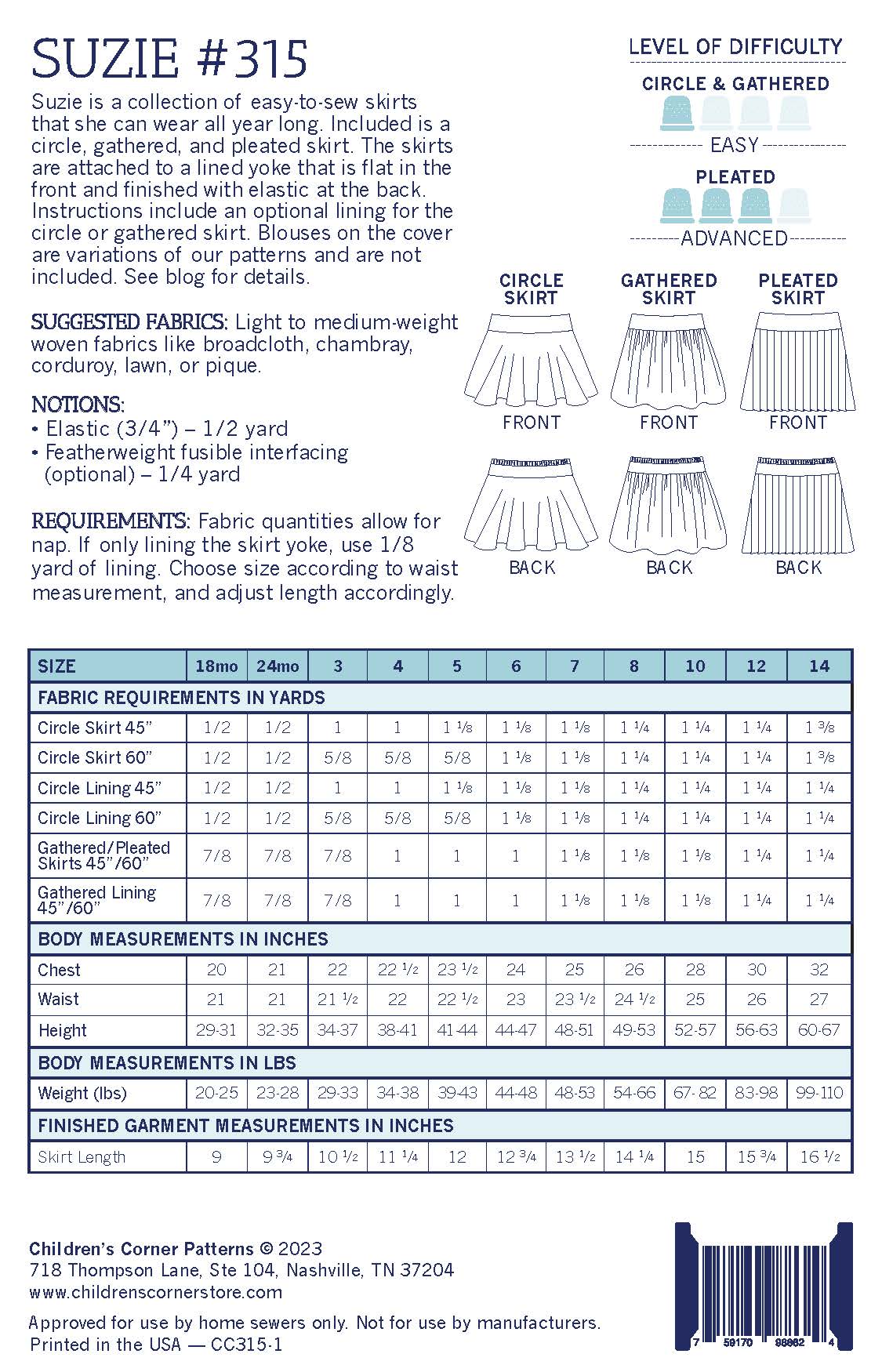 Children's Corner suzie pattern back, size chart and fabric requirements