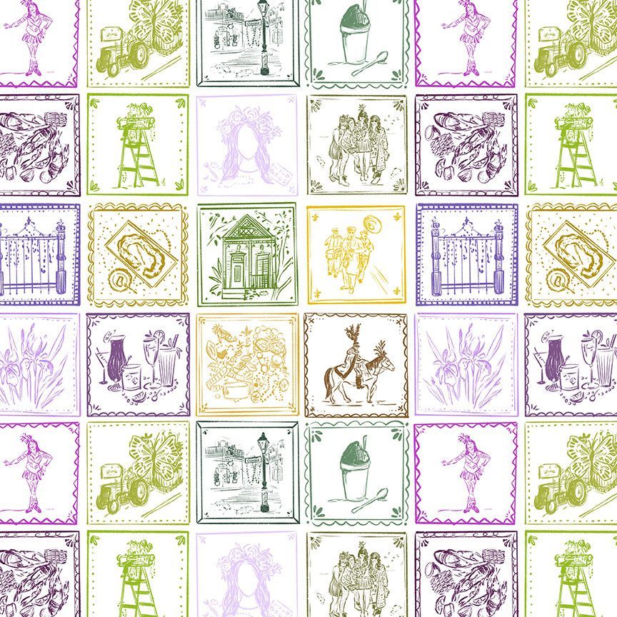 Dear Stella Mardi Gras Tiles cotton fabric, White, DCWR3787, Mardi Gras Style by Caitlin Wallace-Rowland
