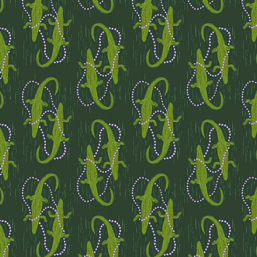 Dear Stella Skinny Alligators cotton fabric, Pine, DCWR3794, Mardi Gras Style by Caitlin Wallace-Rowland