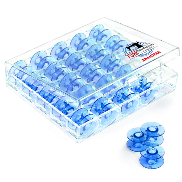 Janome 75 Million Logo Case with 25 Blue Bobbins