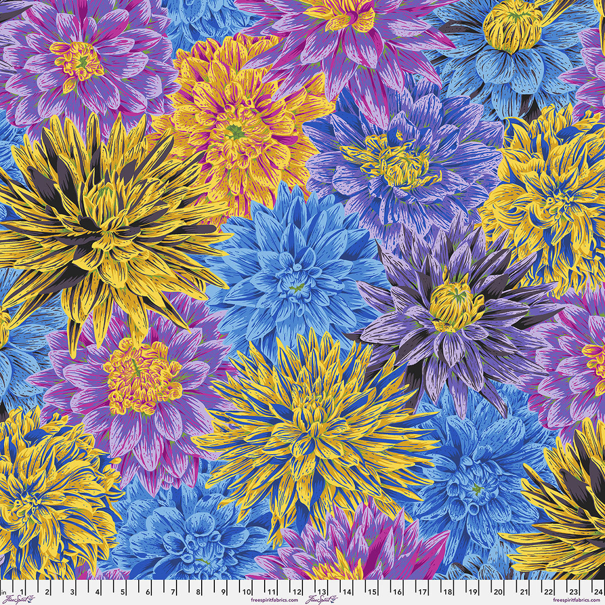Bursting Stripes Cool PWPJ137.COOL by Philip Jacobs for the Kaffe Fassett Collective, blue purple and yellow flowers with striped petals