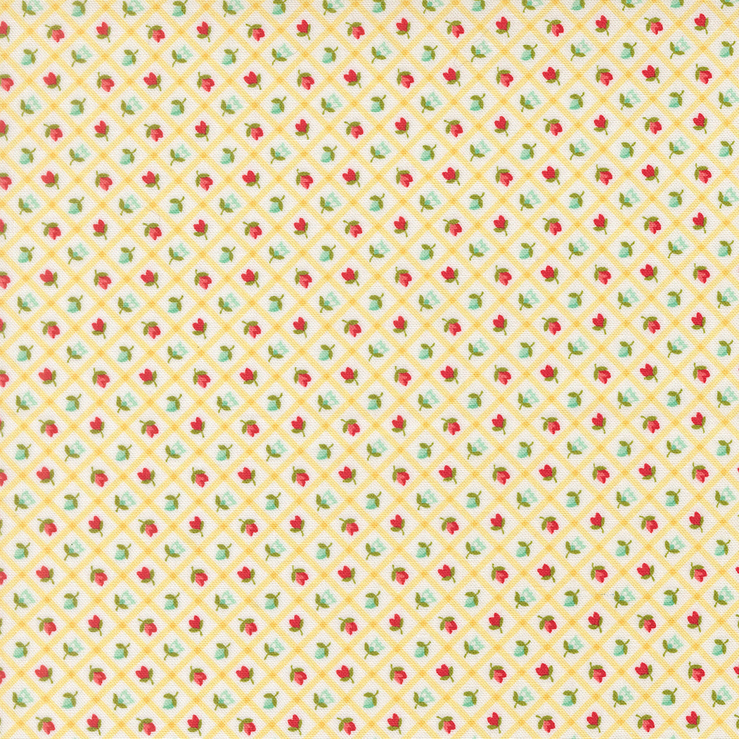 Moda Bloomsberry 55358-22 Buttermilk Check cotton fabric with yellow lattice and small red and aqua floral motifs