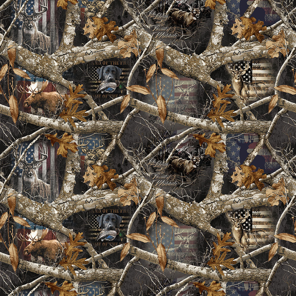 Realtree Patriotic Scenic 10453 cotton fabric with deer, woodland scenery and American flags
