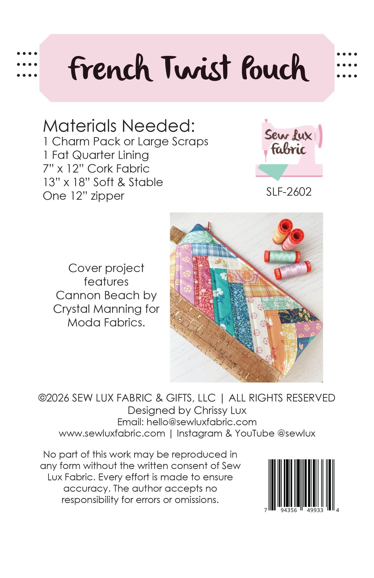 French Twist Pouch pattern materials and back cover