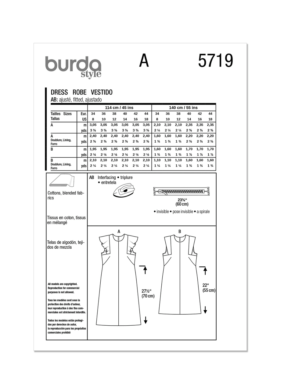 Burda Style 5719 sewing pattern back with fabric requirements and sizing