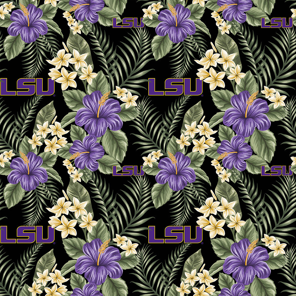 Sykel LSU 1174 Tropical cotton fabric with LSU Tigers logos and tropical palm print