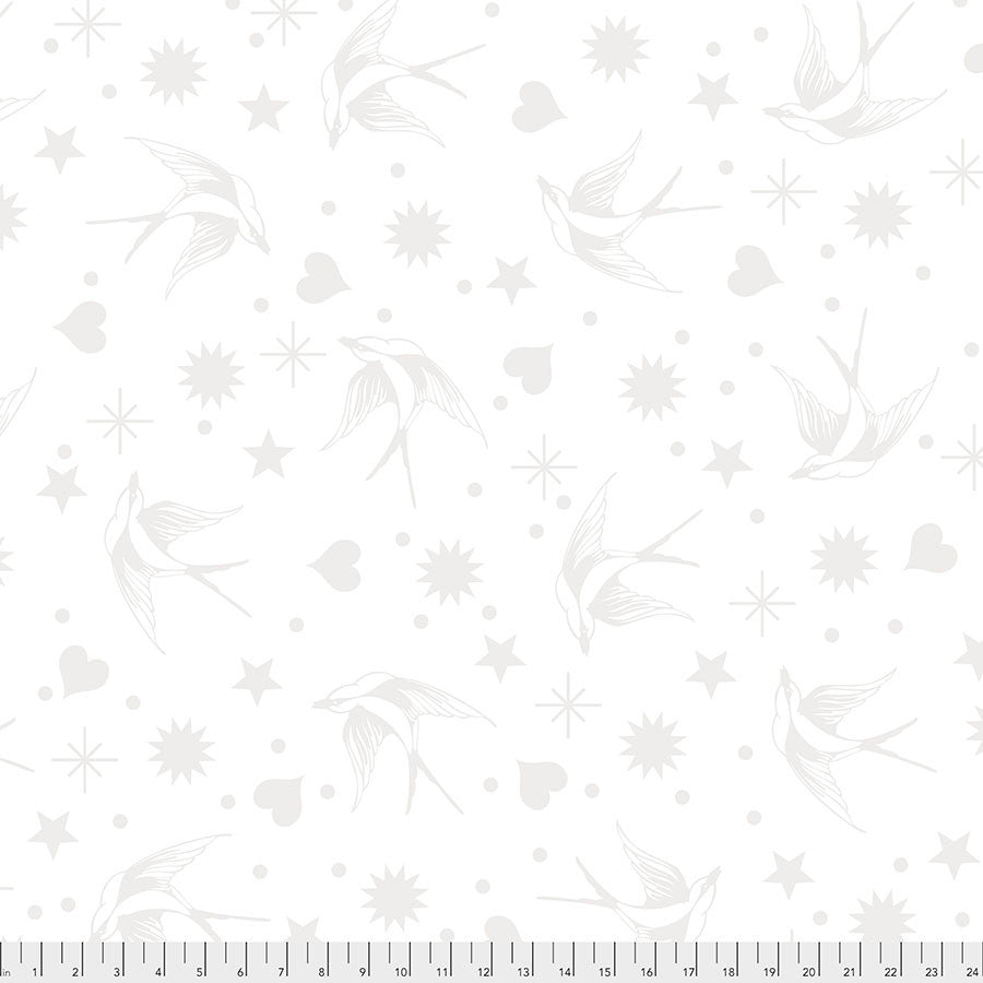Tula Pink Fairy Flakes Paper cotton fabric with pale gray birds, hearts, stars and dots on white
