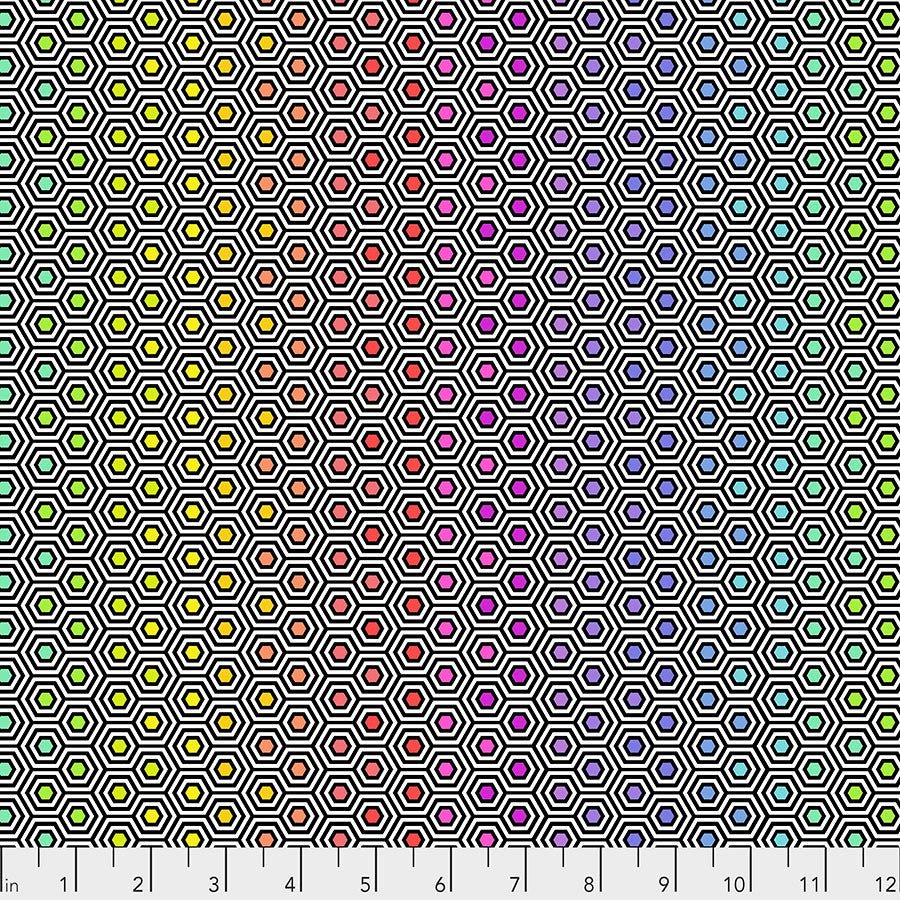 Tula Pink Hexy Rainbow Ink cotton fabric with black and white hexagons and rainbow centers