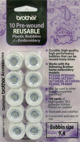 Brother PWB250 Pre-Wound Embroidery Bobbins - White - 10 Pack