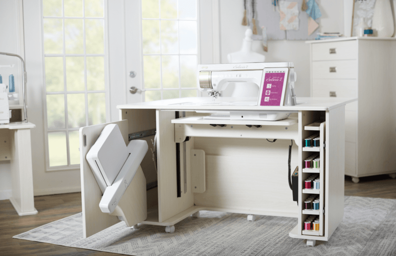 Sew Ready , White Pro Line Craft, Sewing Table, Office Desk with Drawer, Sliding Shelf in Storage Cabinet