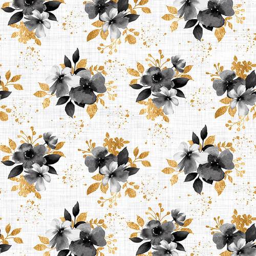 Sewingmachineoutlet Fabrics Studio E Water Color 5094-49 Gray /Gold Small Bouquets100% Cotton Fabric